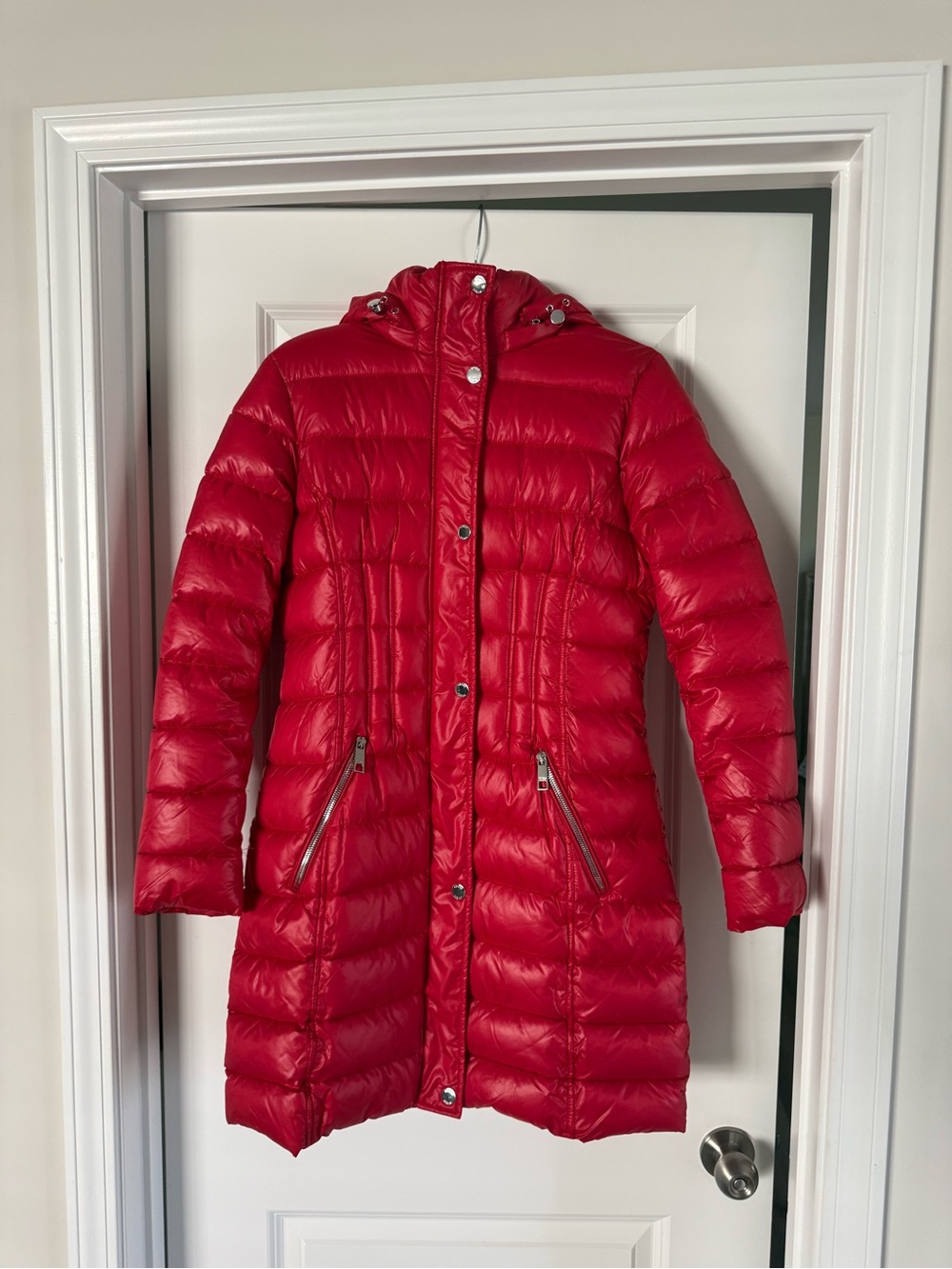 Guess Women's Red Quilted Hooded Long Puffer Coat